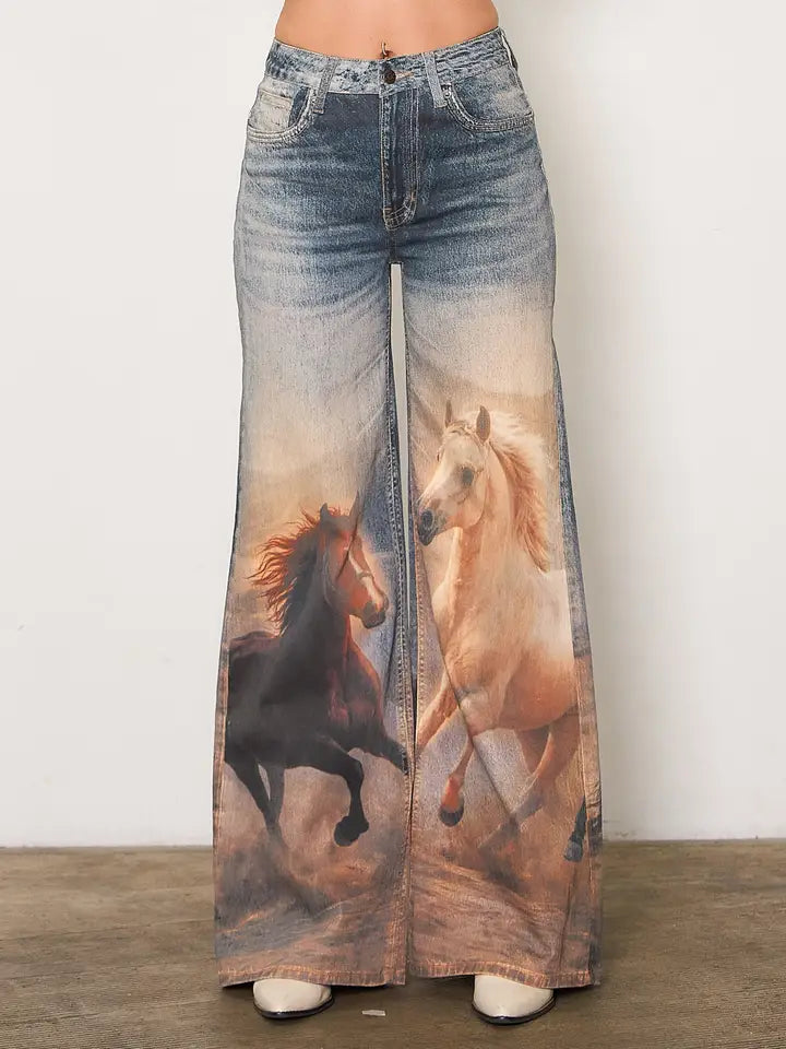White Horse Wide Leg Digital Print Jeans