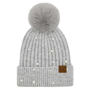 Pearl Embellishment Pom Beanie