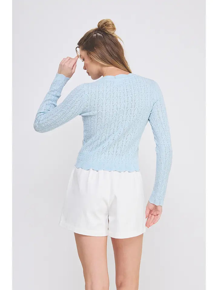 Soft Blue Pointelle Scalloped Cardigan
