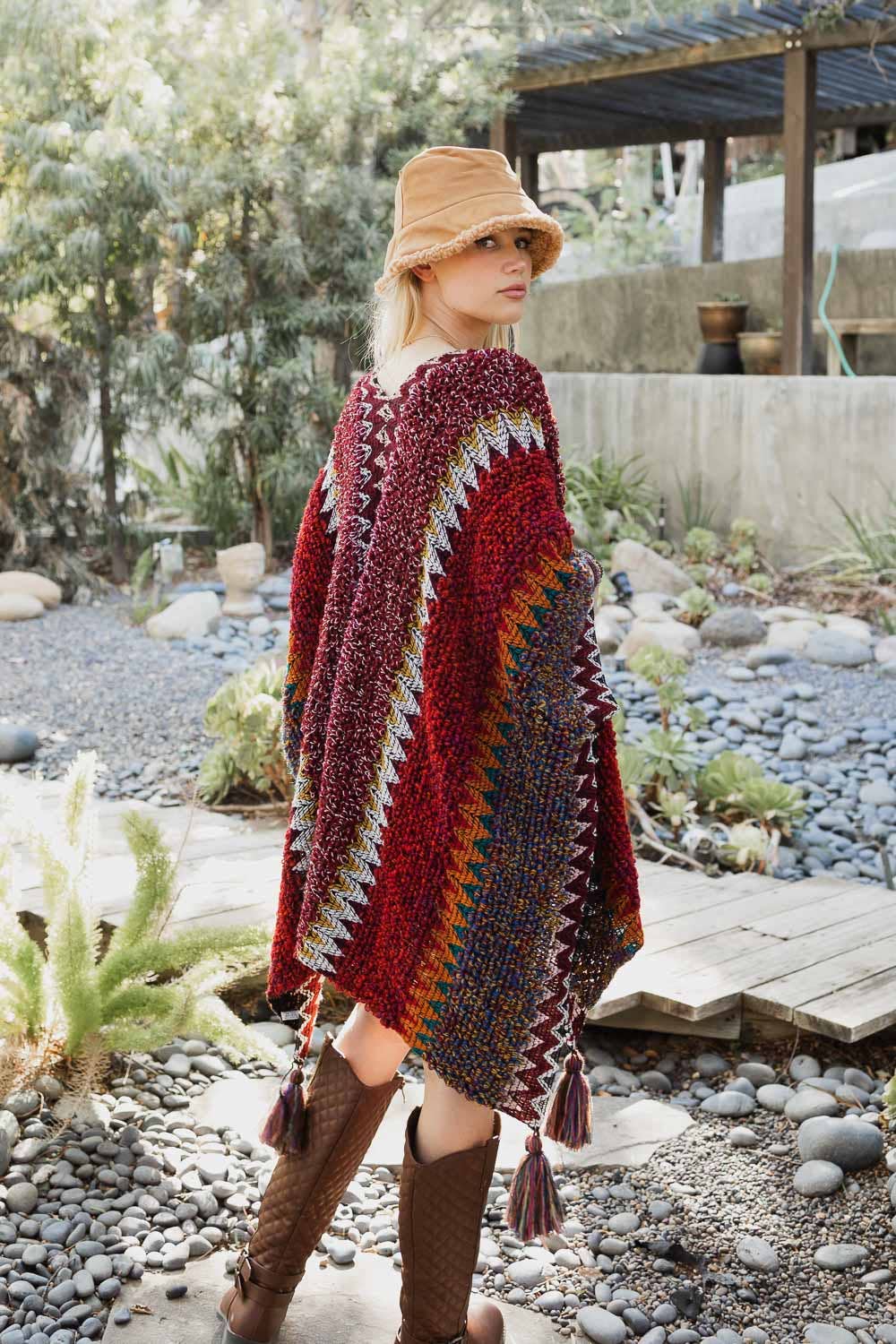 Maroon Crochet Ruana Tassel Cardigan