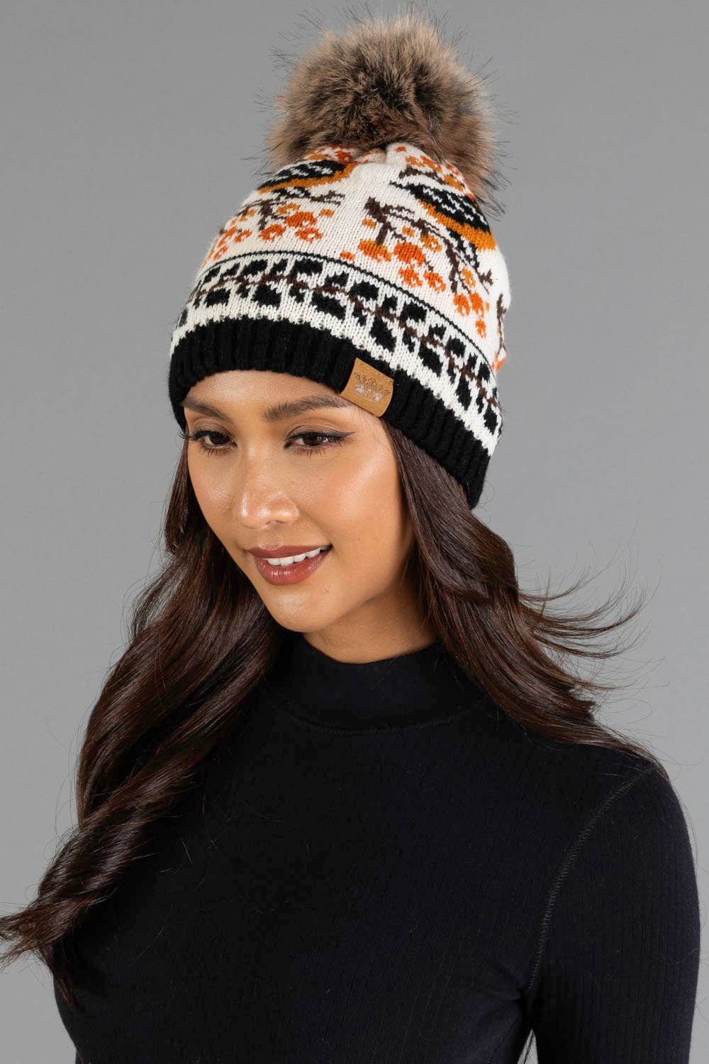Black &amp; Cream Bird Pattern Knit Pom Hat
