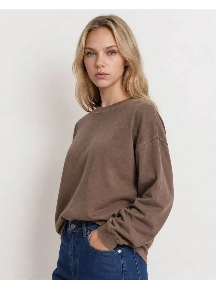 Fall Washed Crew Neck Long Sleeve Top - Brown