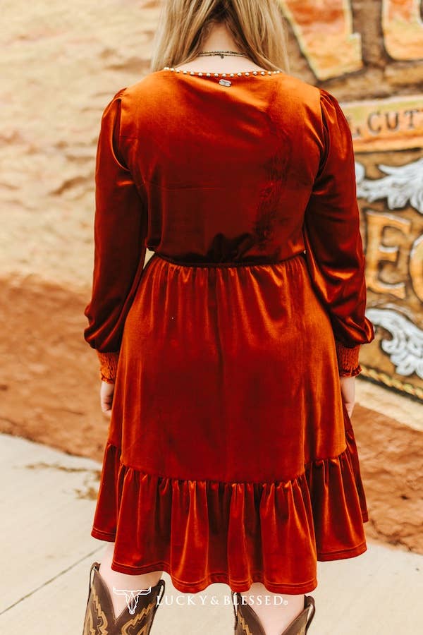 Rust Velvet Vintage Ruffle Hem Studded Dress