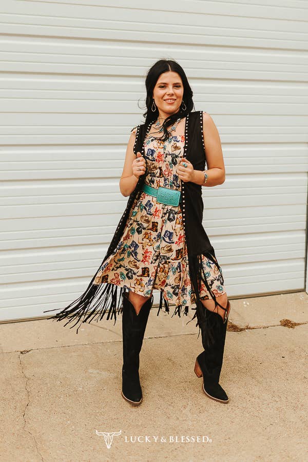 Black Suede Vintage Studded Fringe Vest