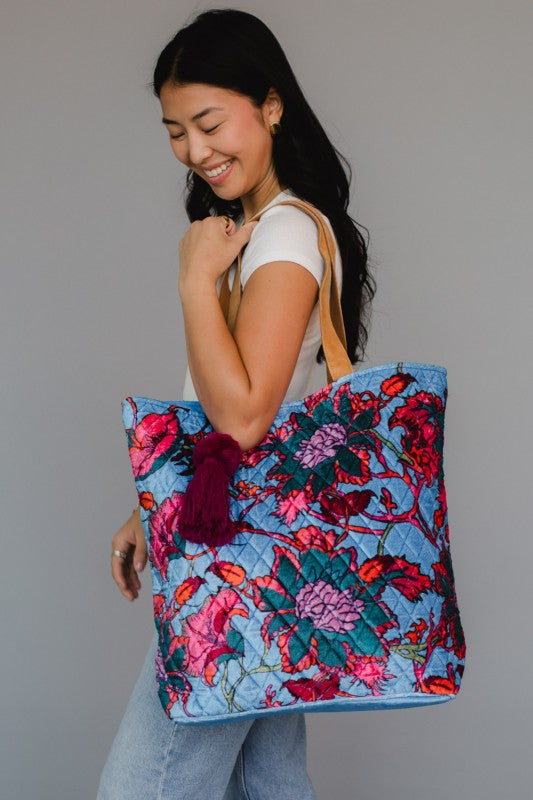 Bright Blue &amp; Floral Tote Bag