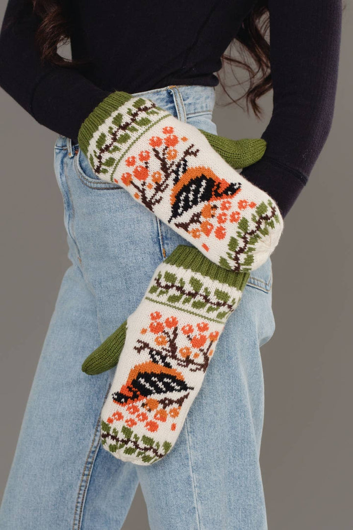 Olive &amp; Cream Bird Pattern Knit Mittens