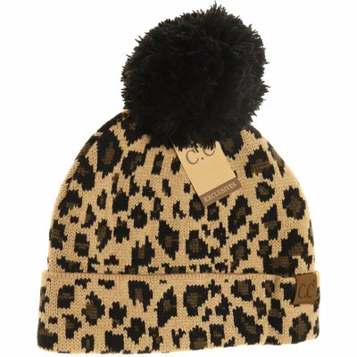 Leopard Pom Pom Cuff Beanie