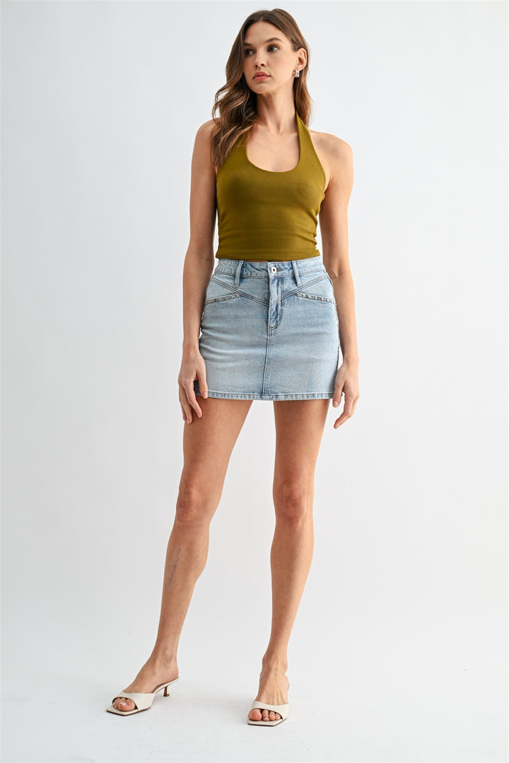 High Rise Yoke Studded Mini Skirt