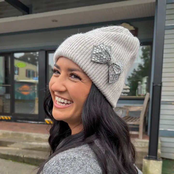 Rhinestone Off Centered Bow Beanie