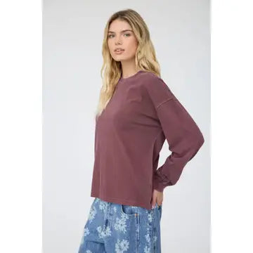Fall Washed Crew Neck Long Sleeve Top - Maroon