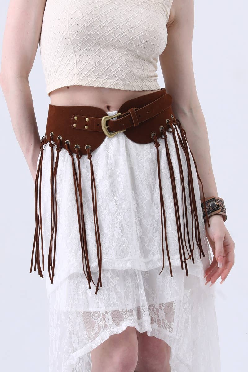 Western Style Fringe Embellished Suede Corset Belt: Brown