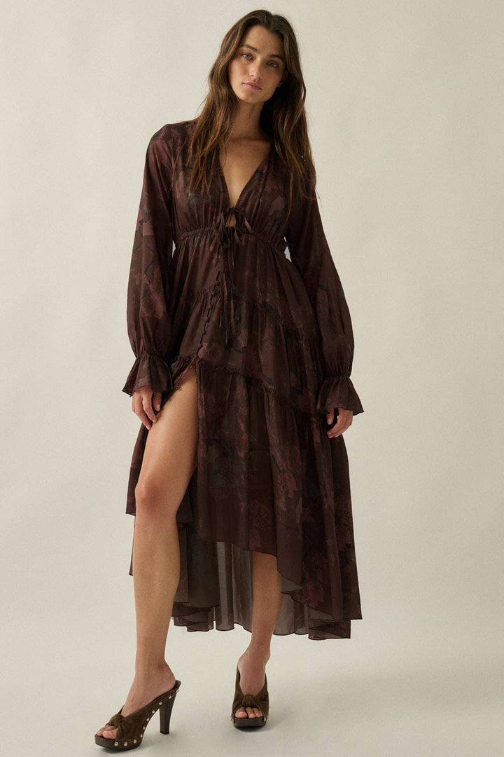 Mulberry Floral Chiffon Ruffled High-Low Midi Duster