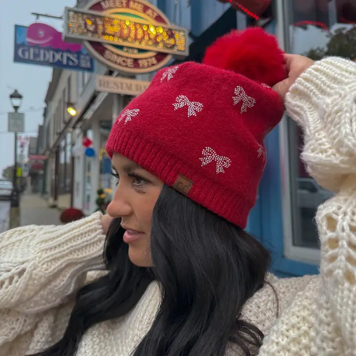 All Over Mini Rhinestone Bow Pom Beanie