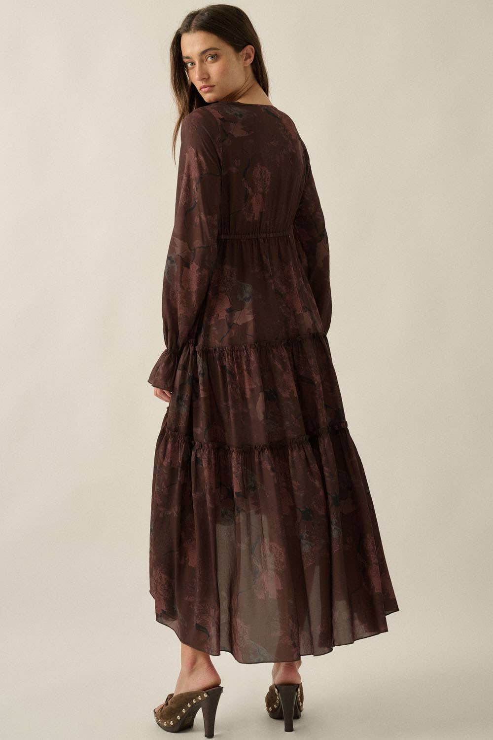 Mulberry Floral Chiffon Ruffled High-Low Midi Duster