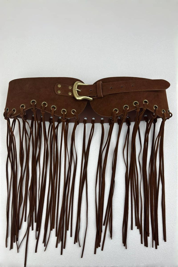 Western Style Fringe Embellished Suede Corset Belt: Brown