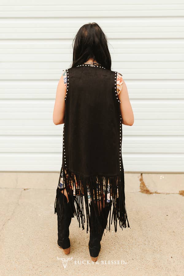 Black Suede Vintage Studded Fringe Vest