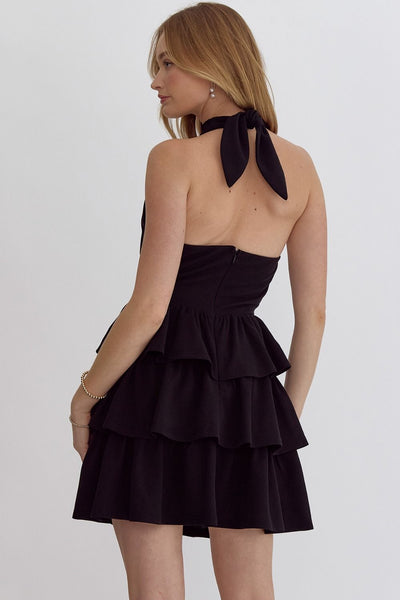 Black Halter Neck Tiered Mini Dress
