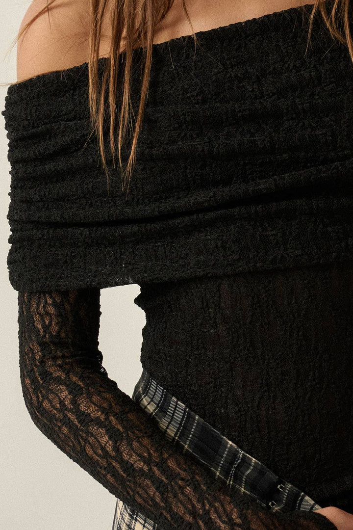 Black Lace Off-Shoulder Long-Sleeve Bodysuit