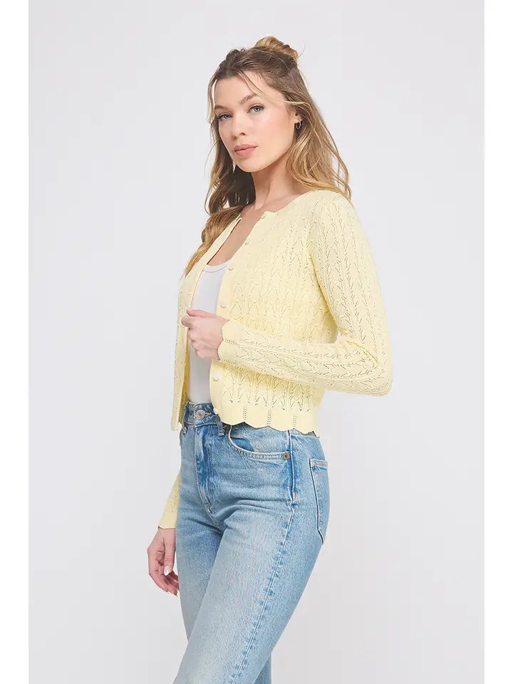 Soft Yellow Pointelle Scalloped Cardigan
