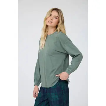 Fall Washed Crew Neck Long Sleeve Top - Dusty Green