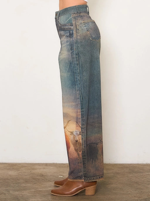 Long Horn Digital Print Baggy Jeans