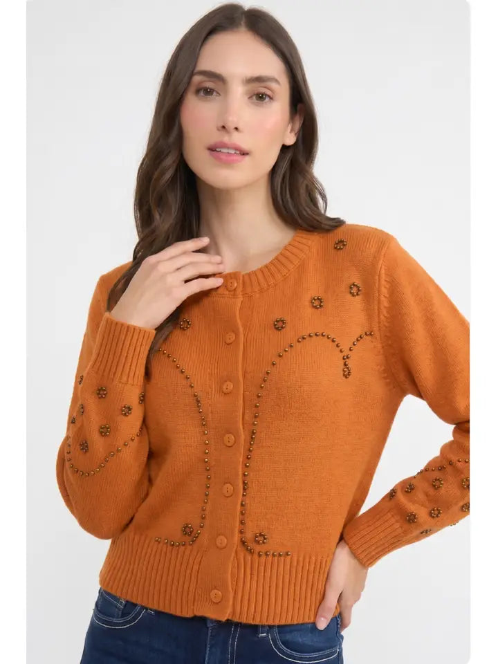 Burnt Orange Gromet Studded Cardigan