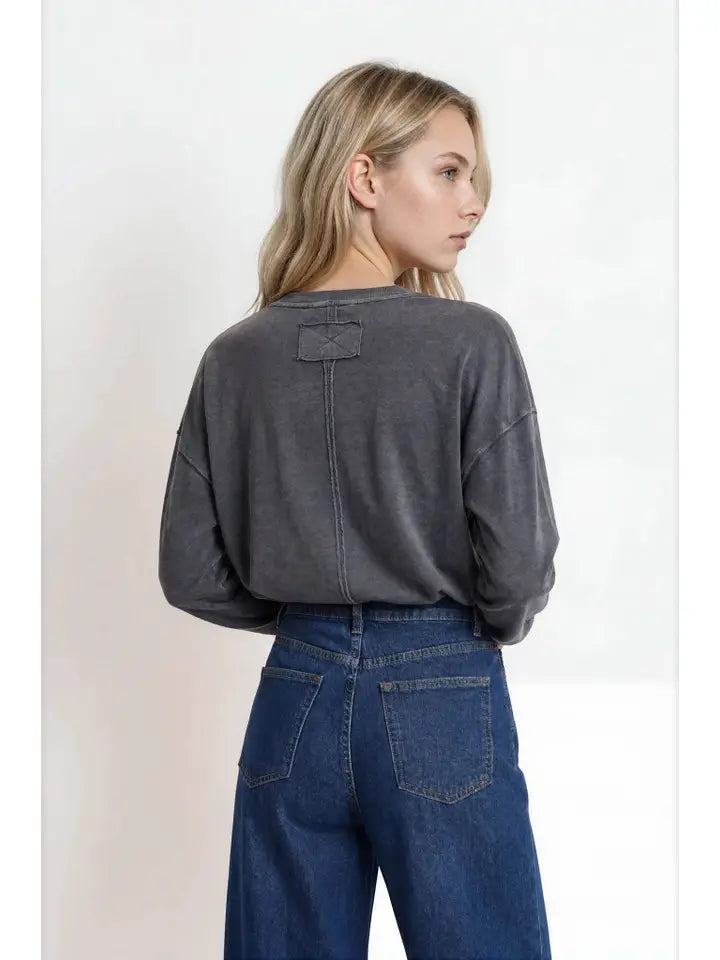 Fall Washed Crew Neck Long Sleeve Top - Charcoal