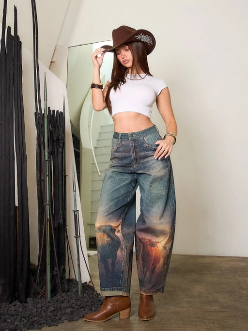 Long Horn Digital Print Baggy Jeans