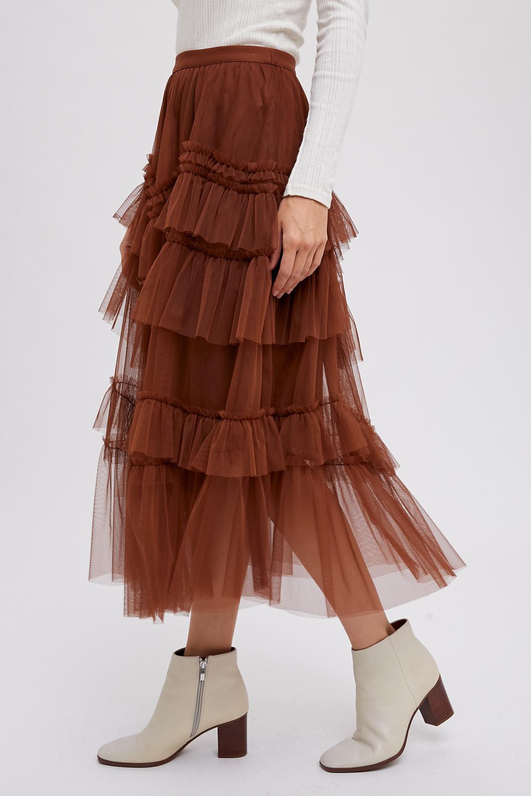 Hazelnut Tiered Tulle Midi Skirt