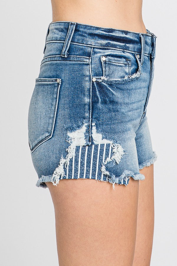 Stripe Patched Distressed Shorts