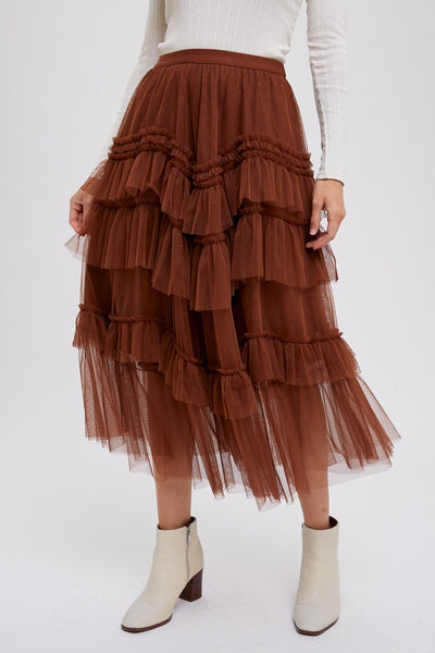 Hazelnut Tiered Tulle Midi Skirt