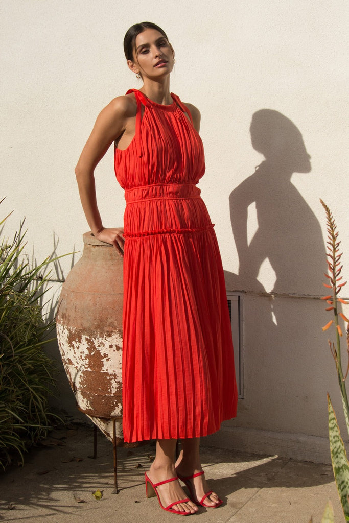 Coral Red Pleated Midi Dress