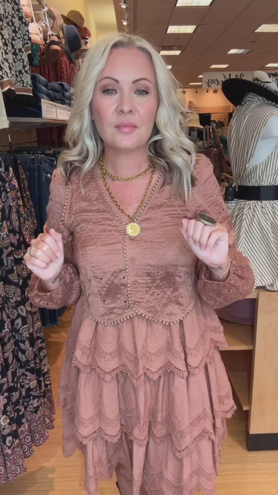 Tiered Scallop Embroidered Mini Dress-Terracotta