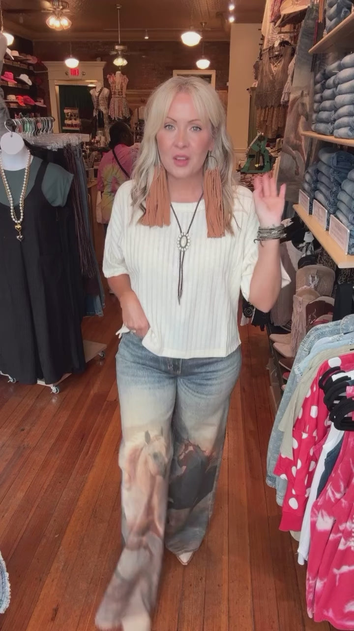 White Horse Wide Leg Digital Print Jeans
