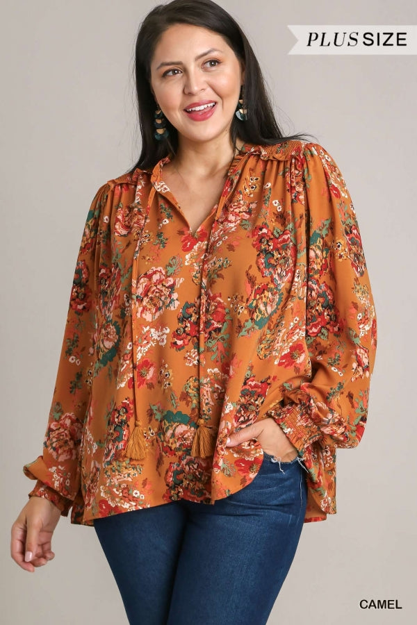 Camel Floral Ruffle Blouse - Curvy