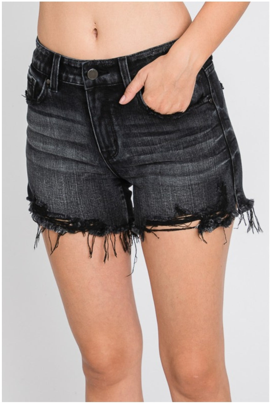 Black High rise Frayed Stretch Shorts