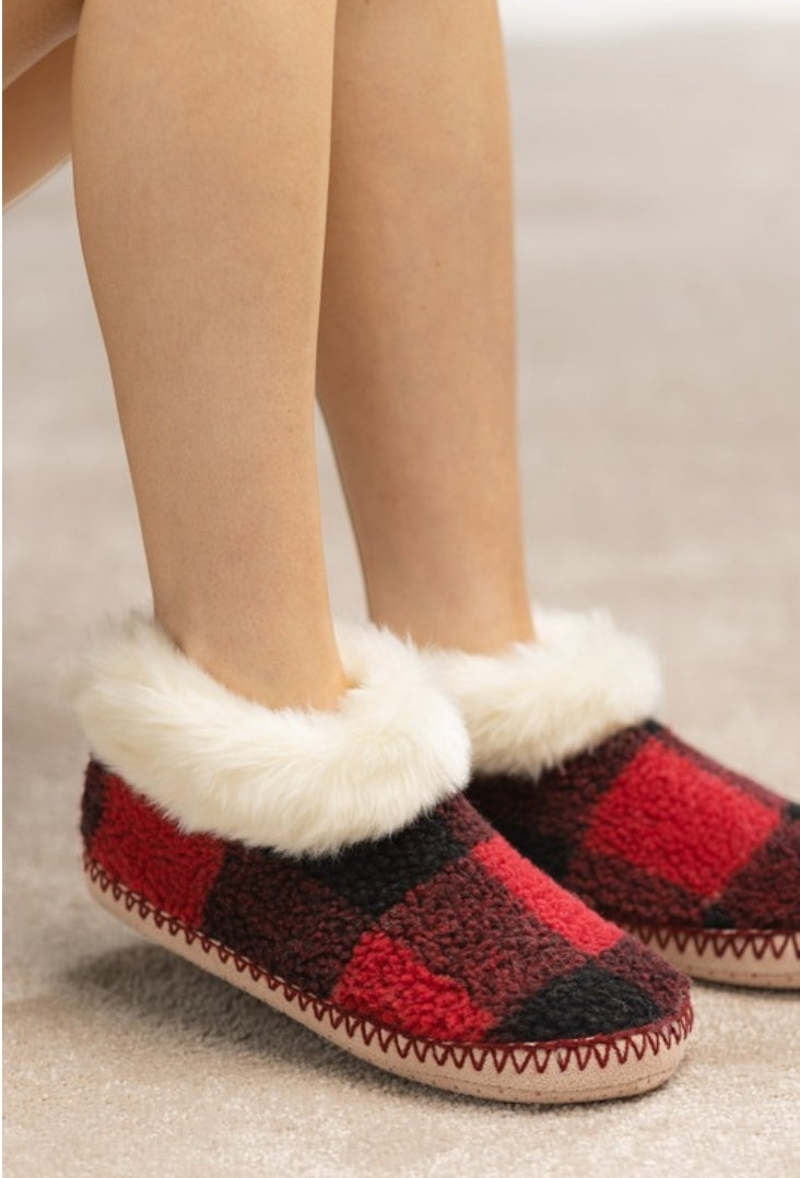 Red Fur Plaid Slippers