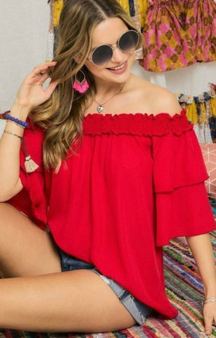 Tomato Red Double Ruffle Top