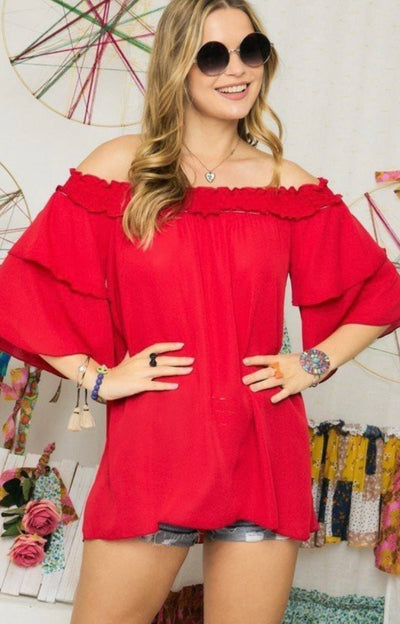 Tomato Red Double Ruffle Top