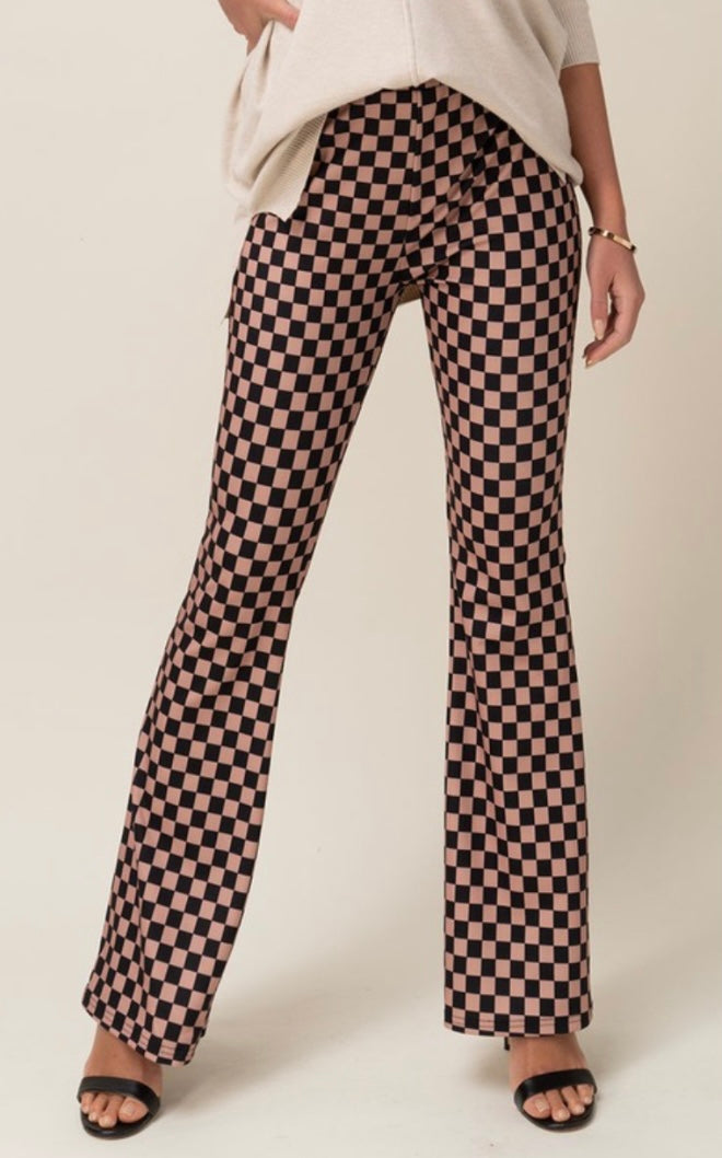 Brown & Tan Checkered Stretch Flares