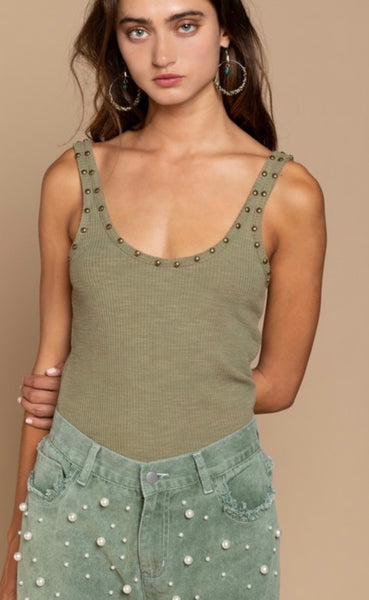 Olive Studded Scoop Tank Top