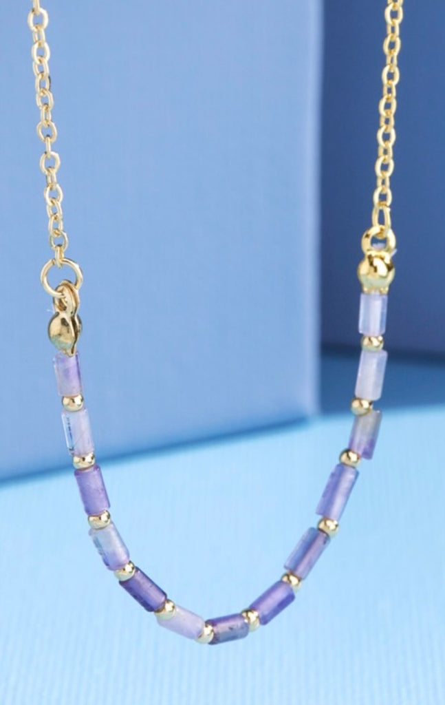 Natural Stone Pipe Bead Necklace- Amethyst