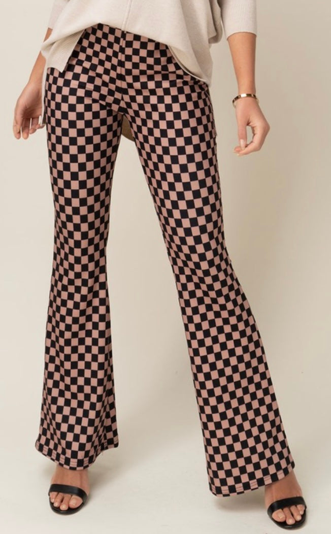 Brown & Tan Checkered Stretch Flares