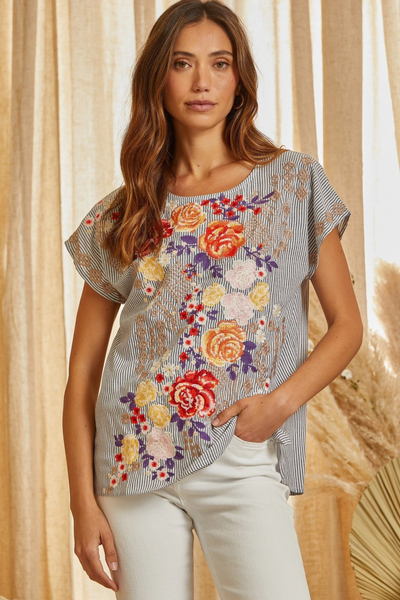 Rose Embroidered Dolman Sleeve Blouse
