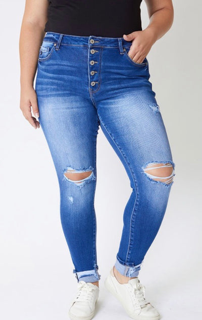 Button Fly Frayed Ankle Skinny Curvy Kan Can